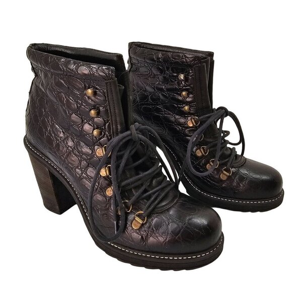 Diesel Leather Hiker Tekny Bootie Black Faux Croc Block Heel Womens Shoe Size 8 - Picture 2 of 10